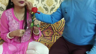 Indian beautiful husband wife celebrate special Valentine week Happy Rose day dirty talk in hindi voice saara give footjob 